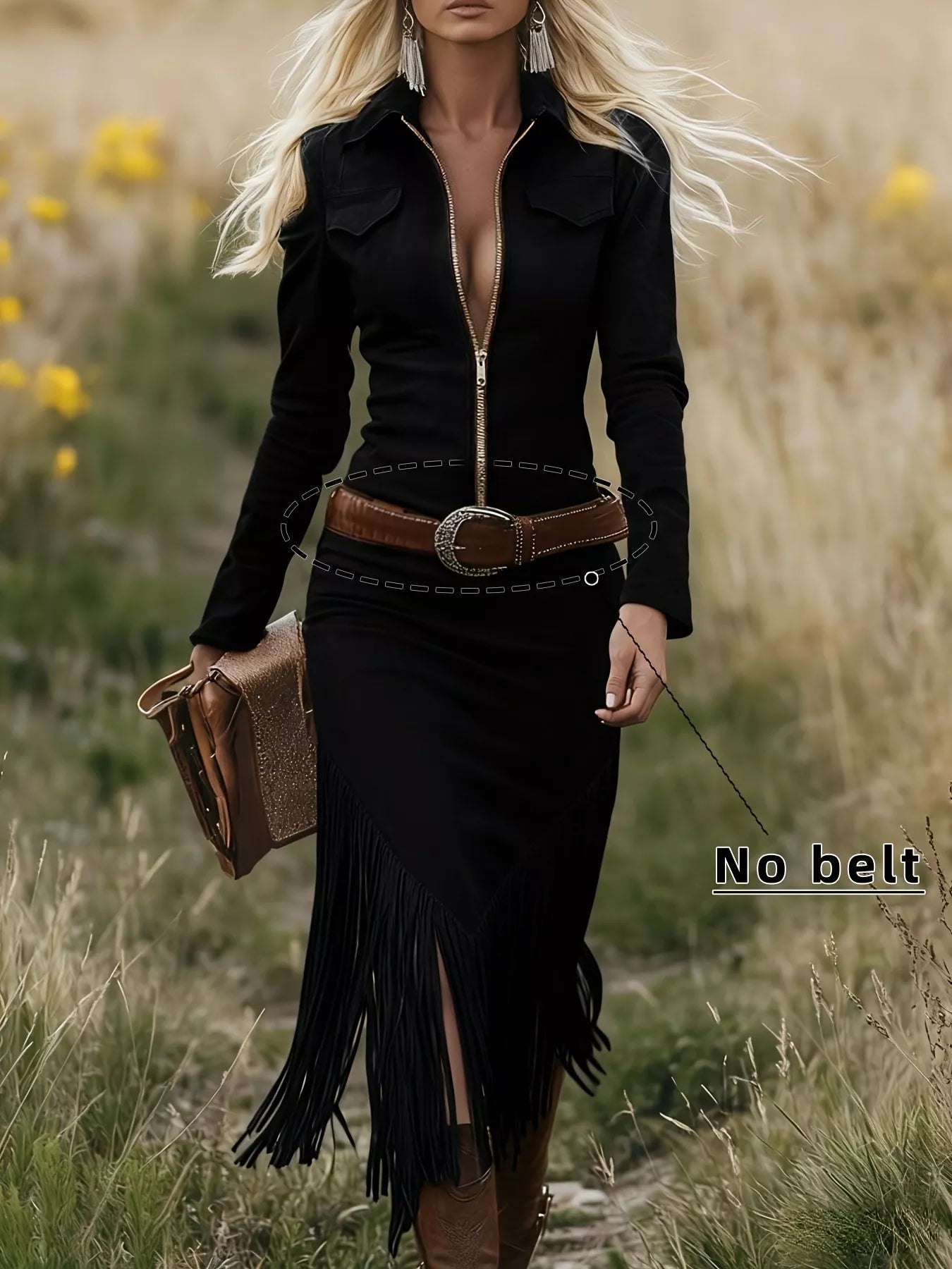 Country Cowgirl Night Out Zip Front Long Sleeve Fringe Dress