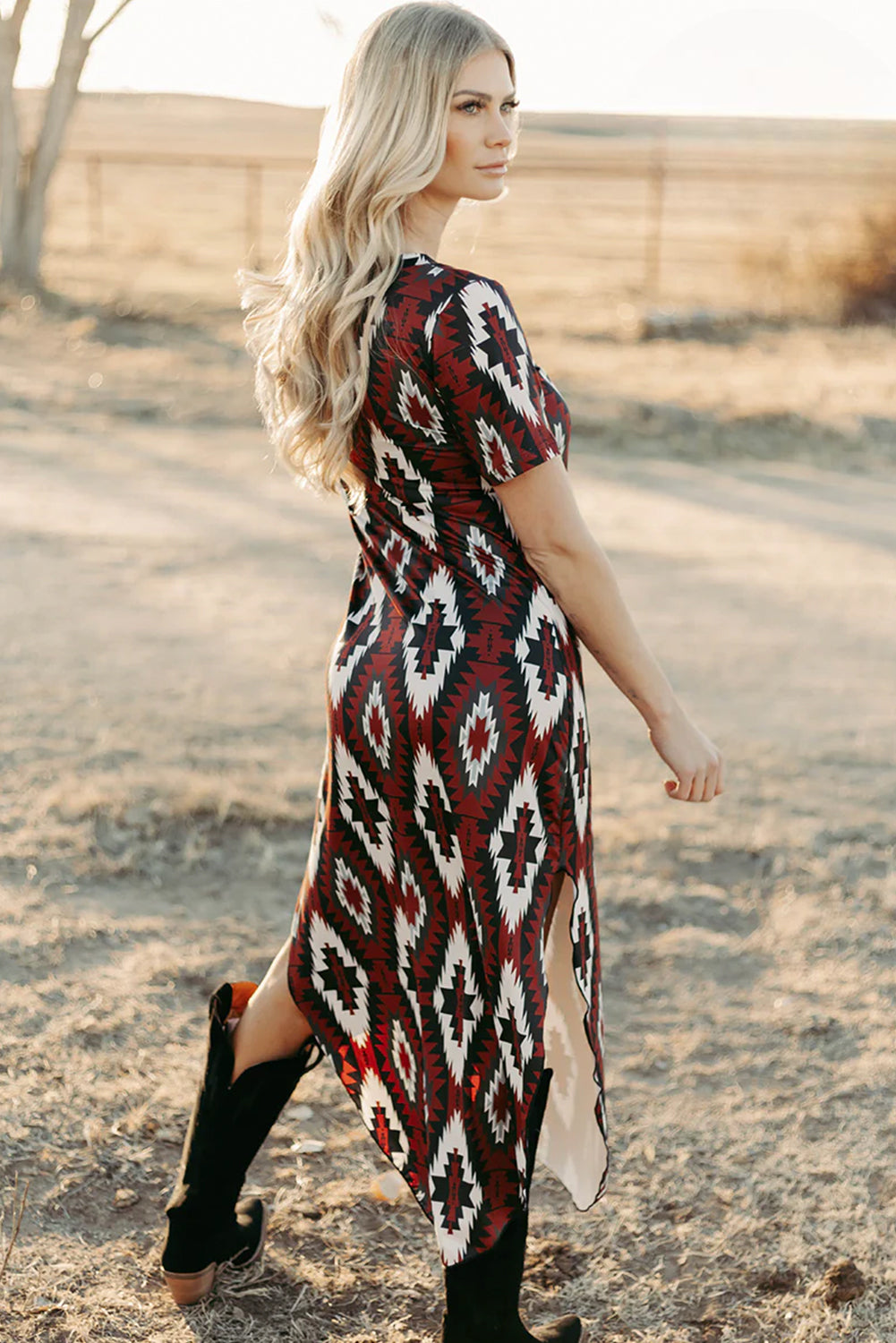 Red Western Aztec Printed Long T-shirt Dress
