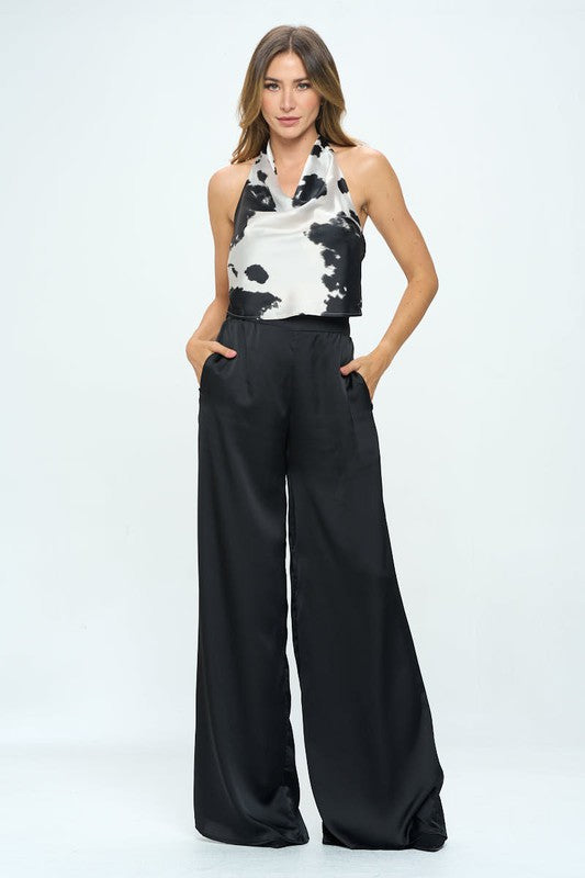 Renee C | Satin Cow Print Cowl Neck Backless Top