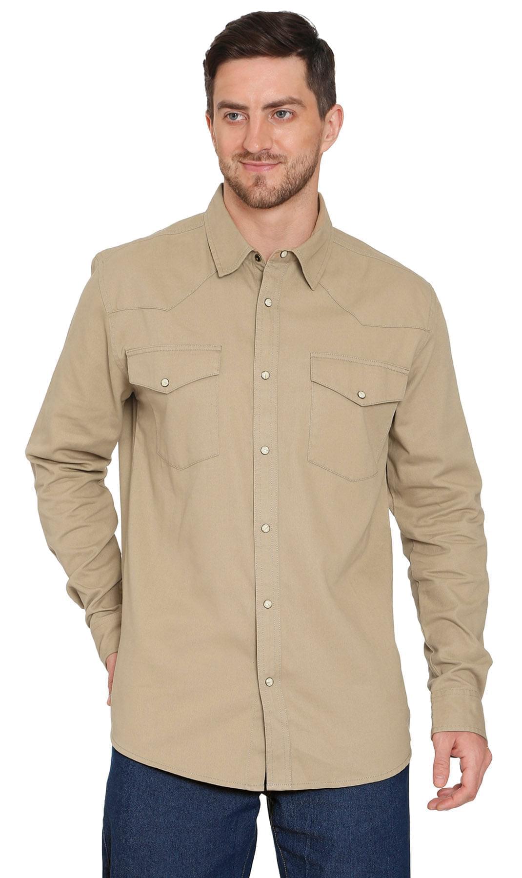 Mens Western Snap Front Button Shirt in Denim and Twill with a Stitched Yoke and Chest Pockets