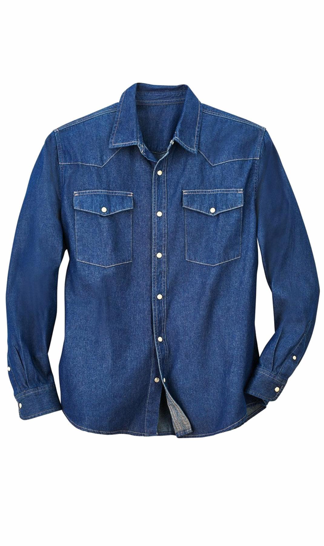 Mens Western Snap Front Button Shirt in Denim and Twill with a Stitched Yoke and Chest Pockets