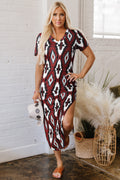 Red Western Aztec Printed Long T-shirt Dress