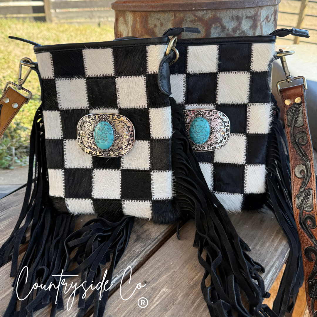 Bandit Checkered Buckle Fringe Purse