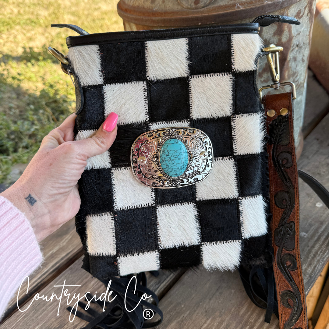 Bandit Checkered Buckle Fringe Purse