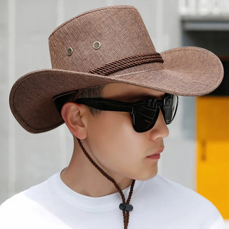 Western Cowboy Hat for Men Summer Wide Brim Sunscreen Denim Sun Cap Outdoor Travel Hiking Fishing Anti-UV Visor Travel Hats