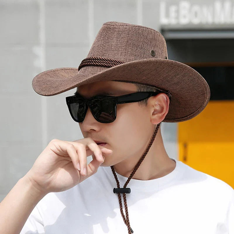 Western Cowboy Hat for Men Summer Wide Brim Sunscreen Denim Sun Cap Outdoor Travel Hiking Fishing Anti-UV Visor Travel Hats