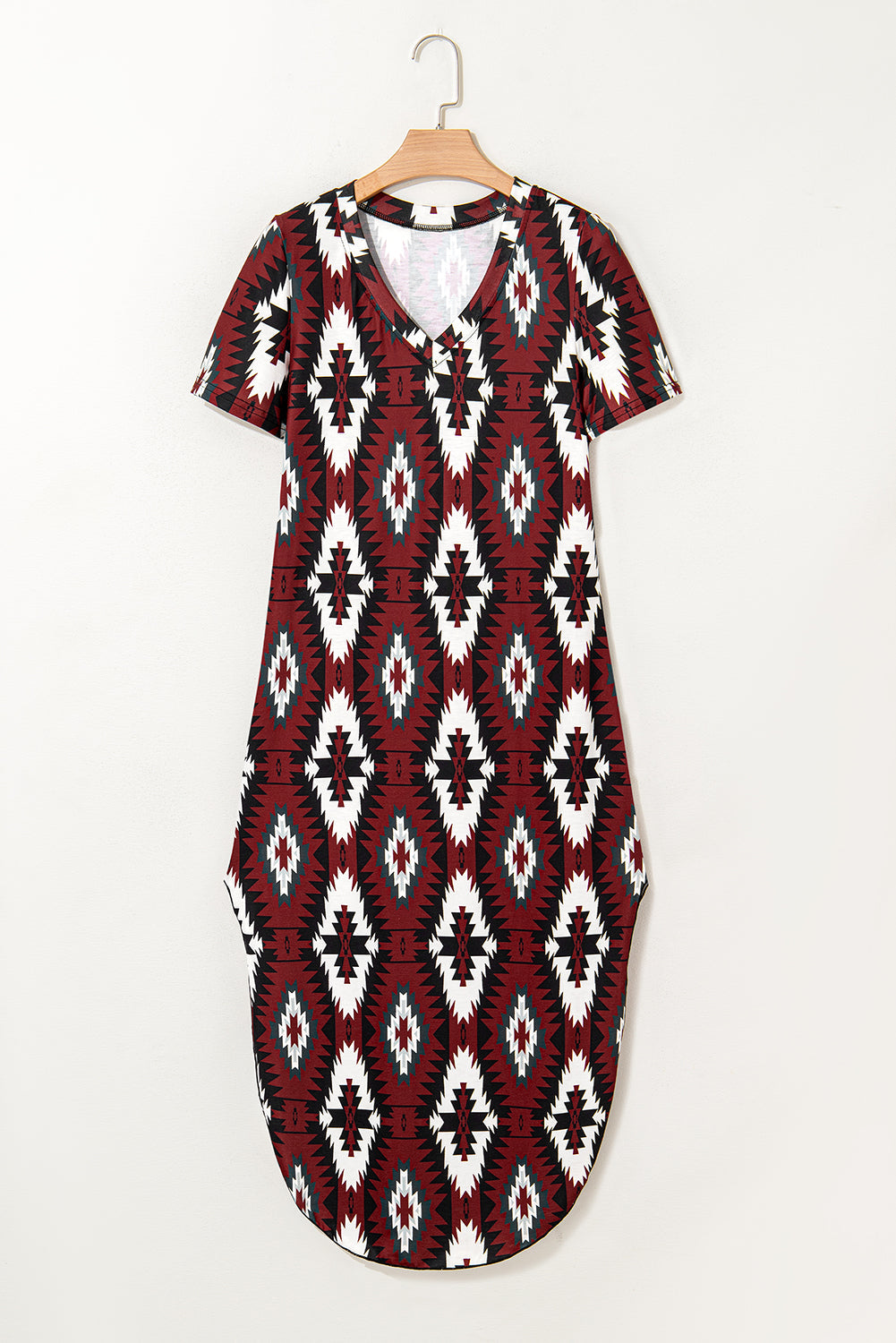 Red Western Aztec Printed Long T-shirt Dress